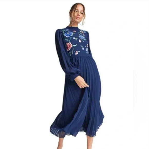 ASOS DESIGN Tall High Neck Pleated Long Sleeve Maxi Skater Dress With Embroidery - Picture 1 of 14